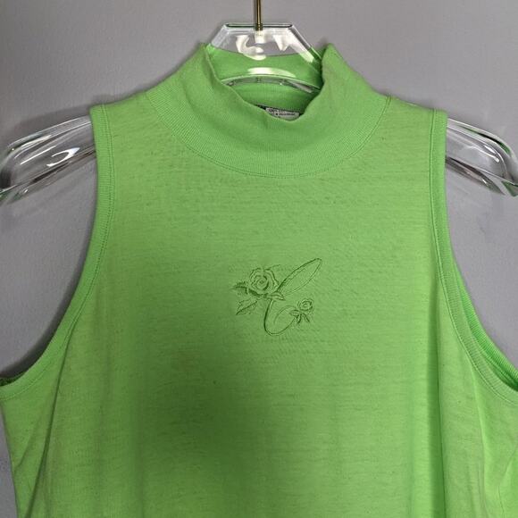 Croquet Club Vintage Neon Green Sleeveless Top Mock Neck Floral Embroidery - Picture 2 of 5